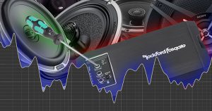 A group of speakers, amplifiers, and a screwdriver above a sound graph