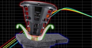 A subwoofer hovering over an enclosure that is too small for it